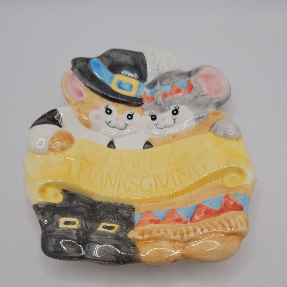 Vtg Happy Thanksgiving 3"x5" Spoon Rest Mice Pilgrim & Indian Harvest Fall Decor